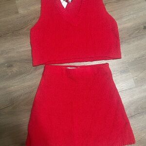 Vibrant Red Knit Crop Top and Skirt Set
